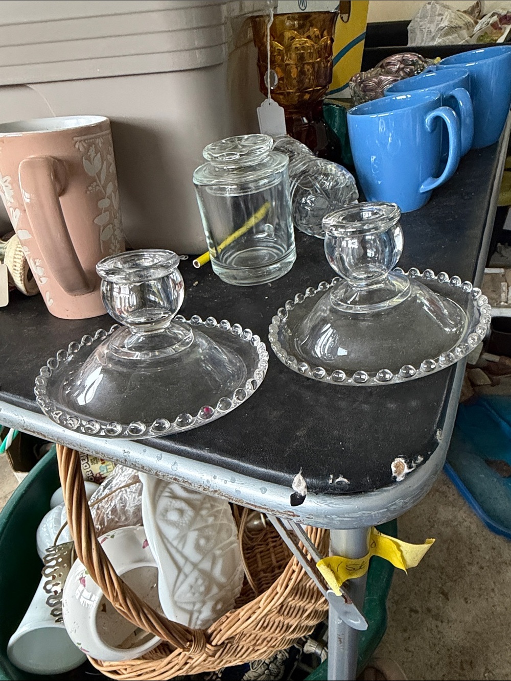 Vuntage pair  of Clear Beaded Edge Glass Candlesticks